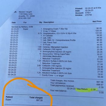 Lucky Bones Pet Resort - This is the photo of the vet bill, after finding out Super my youngest had pneumonia and had to be admitted to the hospital - Pet Sitting Near Me - Canal Winchester, Ohio Lucky Bones Pet Resort - This is the photo of the vet bill, after finding out Super my youngest had pneumonia and had to be admitted to the hospital - Pet Sitting Near Me - Canal Winchester, Ohio