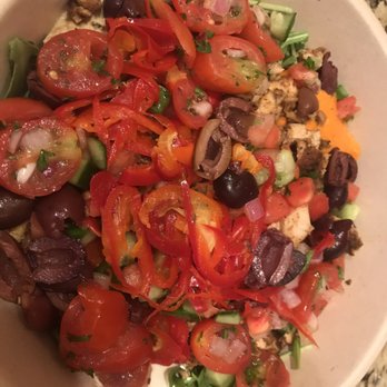 CAVA - Salad bowl with chicken, Fresno peppers, onions, tomatoes, cucumbers, kalamata olives - Mediterranean Near Me - Alexandria, Virginia CAVA - Salad bowl with chicken, Fresno peppers, onions, tomatoes, cucumbers, kalamata olives - Mediterranean Near Me - Alexandria, Virginia