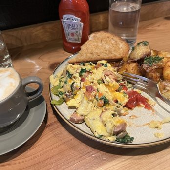 O2 Eatery - Meat lover's scramble and cappuccino - Breakfast & Brunch Near Me - Berkeley, California O2 Eatery - Meat lover's scramble and cappuccino - Breakfast & Brunch Near Me - Berkeley, California