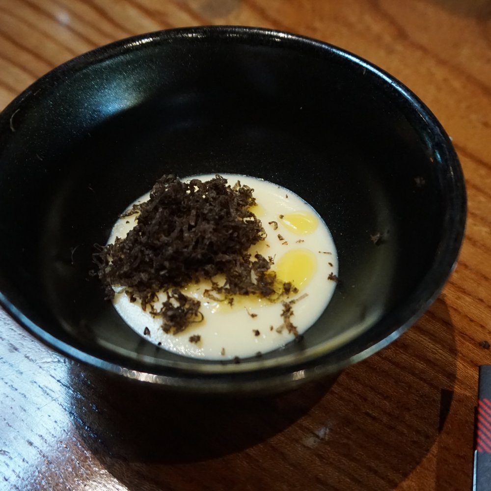 Lazy Bear - Dinner - 7.22.2015: Sweet Corn Custard appetizer with Australian Winter Truffle - New American Near Me - San Francisco, California Lazy Bear - Dinner - 7.22.2015: Sweet Corn Custard appetizer with Australian Winter Truffle - New American Near Me - San Francisco, California