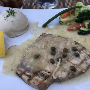 Tri Valley Bistro - Grilled sword fish in a lemon, caper, butter, garlic, white wine sauce with mashed potato and veggie. - Breakfast & Brunch Near Me - Pleasanton, California Tri Valley Bistro - Grilled sword fish in a lemon, caper, butter, garlic, white wine sauce with mashed potato and veggie. - Breakfast & Brunch Near Me - Pleasanton, California