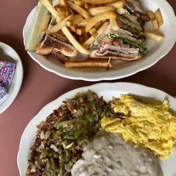 Little Corner Restaurant - Club sandwich, 2 eggs with country fried steak and hash browns (+peppers and onions). - Breakfast & Brunch Near Me - Chicago, Illinois