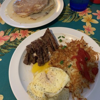 808 Grindz Cafe - Steak and eggs with full stack and homemade macnut sauce. - Cafes Near Me - Lahaina, Hawaii 808 Grindz Cafe - Steak and eggs with full stack and homemade macnut sauce. - Cafes Near Me - Lahaina, Hawaii