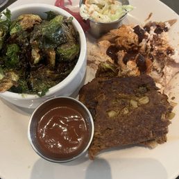 Smoked meatloaf, pulled chicken, slaw, Brussels sprouts. Smoked meatloaf, pulled chicken, slaw, Brussels sprouts.