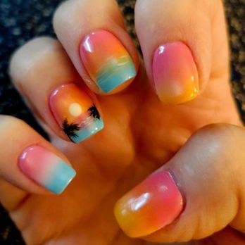 Bling Bling Nail - Sunset tropical nails. Ombre with cats eye on top. Lin did amazing work. - Nail Salons Near Me - Norfolk, Virginia