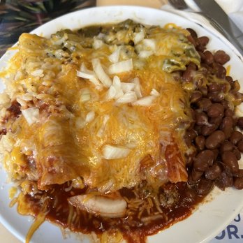 Burger Boy - Beef enchilada plate christmas style. - Burgers Near Me - Cedar Crest, New Mexico Burger Boy - Beef enchilada plate christmas style. - Burgers Near Me - Cedar Crest, New Mexico