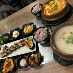Macheko - Sides + Bulgogi Cheese Gimbap + Military Soup (Top) + Do Ga Ni Tang (Bottom)