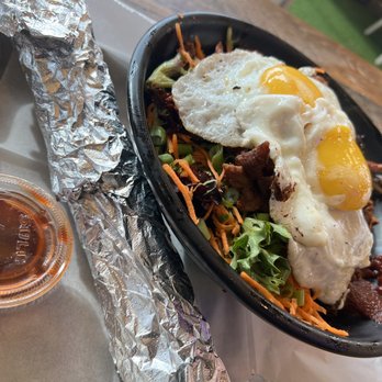 Seoul Taco - Gogi Bowl with Spicy Pork and extra egg Abe churros - Food Trucks Near Me - St. Louis, Missouri