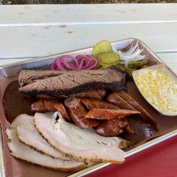 Eaker Barbecue - Turkey, sausage, moist brisket, and a personal side of cream corn - Barbeque Near Me - Fredricksburg, Texas Eaker Barbecue - Turkey, sausage, moist brisket, and a personal side of cream corn - Barbeque Near Me - Fredricksburg, Texas