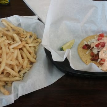 Off The Hook Fish Grill - Lobster taco with Chipotle sauce and Garlic parm fries - Seafood Near Me - Whittier, California