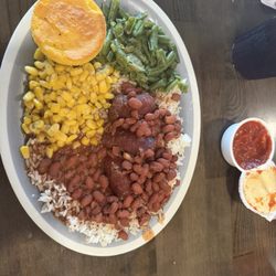 Southern Spice Restaurant & Grill - Daily Special Red Beans and Rice w/Green Beans, Buttered Corn, and Cornbread.