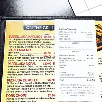 Karlito's Grill - Examples of prices posted in the menu and then what was charged. - Mexican Near Me - Rosenberg, Texas Karlito's Grill - Examples of prices posted in the menu and then what was charged. - Mexican Near Me - Rosenberg, Texas