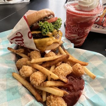 Monty's Good Burger - Double and 50/50 fries/tots and a float with strawberry soda - Burgers Near Me - Riverside, California Monty's Good Burger - Double and 50/50 fries/tots and a float with strawberry soda - Burgers Near Me - Riverside, California