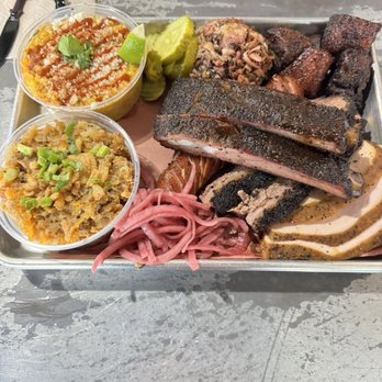Hurtado Barbecue - El Jefe plate with the street corn and tater tot casserole for our sides and for dessert we ordered the banana pudding!! OMG!! - Barbeque Near Me - Fort Worth, Texas Hurtado Barbecue - El Jefe plate with the street corn and tater tot casserole for our sides and for dessert we ordered the banana pudding!! OMG!! - Barbeque Near Me - Fort Worth, Texas