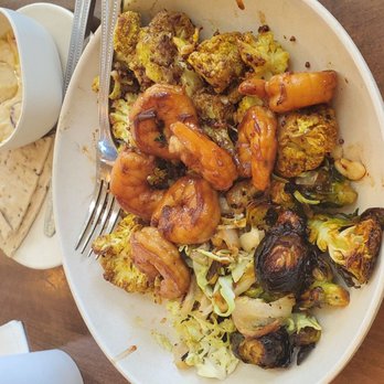 Flower Child - Shrimp entree with Brussels sprouts and curry style cauliflower - Salad Near Me - Houston, Texas Flower Child - Shrimp entree with Brussels sprouts and curry style cauliflower - Salad Near Me - Houston, Texas