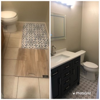 Ortega's Painting - Half bathroom; complete demo and installation of vanity, toilet, lighted mirror, lights, exhaust fan and tile - Flooring Near Me