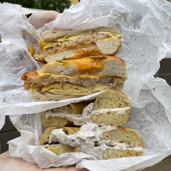 Bagels Etc. - jalepeño cheese bagel with egg, cheese, and hashbrown (top), french toast bagel with honey walnut cream cheese (bottom) - Bagels Near Me - Washington, DC, District of Columbia