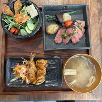 Minami - [T-B, L-R] Miso Baked Tofu Salad, Aburi Butler Steak, Ebi Fritters, Miso Soup - Japanese Near Me - Vancouver, British Columbia