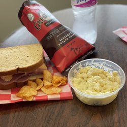 Country Mile Deli - Reuben, macaroni salad, barbeque chips. The meal deal lets you add chips and a water/pop/tea for $1.75.