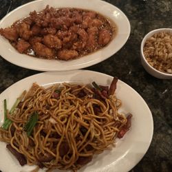 Jasmine Chinese Cuisine and Sushi - sesame chicken, pork lo mein, fried rice (side)