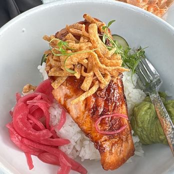 Lucky Shuck - Salmon teriyaki over sticky rice - Seafood Near Me - Jupiter, Florida Lucky Shuck - Salmon teriyaki over sticky rice - Seafood Near Me - Jupiter, Florida