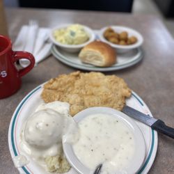 Pete's Cafe - Chicken Fried Steak Lunch with mash potatoes, fried okra, and potato salad.