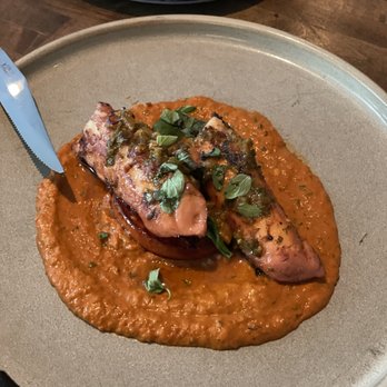 Hamsa - Octopus - spicy muhamara, tomato, organo & lemon chimichurri - Mediterranean Near Me - Houston, Texas Hamsa - Octopus - spicy muhamara, tomato, organo & lemon chimichurri - Mediterranean Near Me - Houston, Texas
