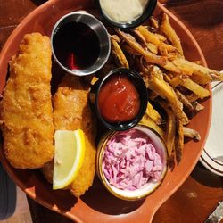 Nettle Meadow Farm Store & Tasting Room - Fish n chips. Fries were seasoned perfectly, and fish was flaky and great. Came with tartar, cocktails, and malt vinegar.