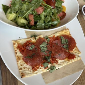 Seasons 52 - Lunch Pairings - All Natural Pepperoni Flatbread and Watermelon & Tomato Salad - New American Near Me - Rancho Cucamonga, California Seasons 52 - Lunch Pairings - All Natural Pepperoni Flatbread and Watermelon & Tomato Salad - New American Near Me - Rancho Cucamonga, California