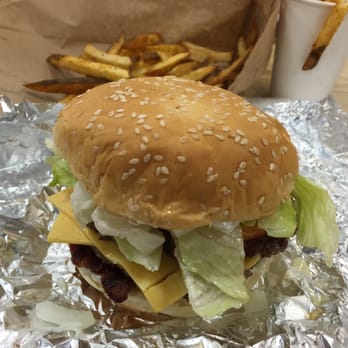 Five Guys - This is what my burger looked like.   Not hot and no melted cheese=blah.   Should be piping hot with  a caramelized party - Burgers Near Me - Brunswick, Maine