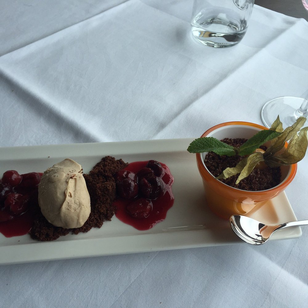 Restaurant im Donauturm - Flower pot dessert - chocolate and hazelnut mousses, cherries and chocolate crumble "dirt" - Austrian Near Me - Vienna, 9 Restaurant im Donauturm - Flower pot dessert - chocolate and hazelnut mousses, cherries and chocolate crumble "dirt" - Austrian Near Me - Vienna, 9