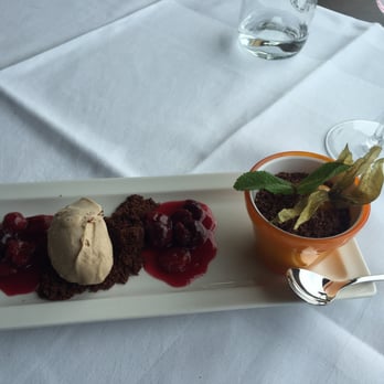 Restaurant im Donauturm - Flower pot dessert - chocolate and hazelnut mousses, cherries and chocolate crumble "dirt" - Austrian Near Me - Vienna, 9 Restaurant im Donauturm - Flower pot dessert - chocolate and hazelnut mousses, cherries and chocolate crumble "dirt" - Austrian Near Me - Vienna, 9