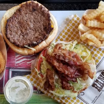 Ranch Drive-In - Ranch bacon burger (single patty) w/ fries and onion rings. - Burgers Near Me - Bothell, Washington