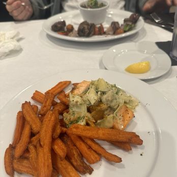 The Black Molly Grill - Steak kabob & broccoli salad. Sweet potato fries and gold salmon - American Near Me - St. Augustine, Florida The Black Molly Grill - Steak kabob & broccoli salad. Sweet potato fries and gold salmon - American Near Me - St. Augustine, Florida
