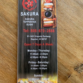 Sakura - Front of take out menu - Sushi Bars Near Me - Kapolei, Hawaii Sakura - Front of take out menu - Sushi Bars Near Me - Kapolei, Hawaii