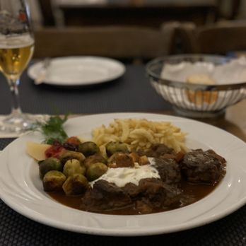 Restaurant Palast Hotel - Venison goulash with Spätzle and Brussels. - German Near Me - Wiesbaden, HE Restaurant Palast Hotel - Venison goulash with Spätzle and Brussels. - German Near Me - Wiesbaden, HE