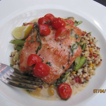 The Loft Cafe + Courtyard - Grilled Salmon, done just right, over grilled asparagus & pasta pearl medley, lavished w/ Lemon Beurre Blanc & tomatoes was delectable! - New American Near Me - Edmonds, Washington