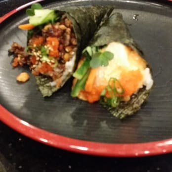 Wasabi Bistro - Salmon skin and spicy scallop hand roll. There was a spicy hamachi but i ate it before i can take pic. Really fresh - Japanese Near Me - Livermore, California