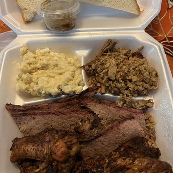 Hump's BBQ - Wings brisket potato salad and dirty rice 2 meat plate - Barbeque Near Me - Dallas, Texas