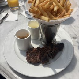 Steak Frites- 7oz steak, fries, béarnaise and peppercorn sauce. Steak Frites- 7oz steak, fries, béarnaise and peppercorn sauce.