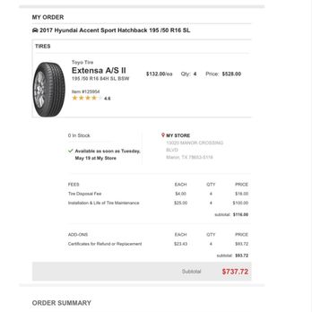 Discount Tire - My bill for 4 tires - Auto Repair Near Me - Manor, Texas