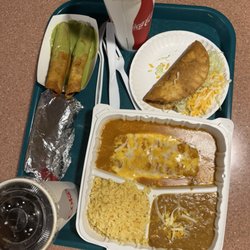 Enchilada and taco plate, chile verde burrito and taquitos