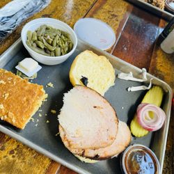 Roscoe Barbeque - Turkey sandwich. Corn bread. Green beans.