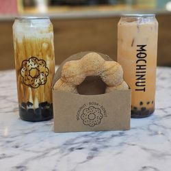 Mochinut - Churro donut. Tiger sugar Boba and Thai tea.
