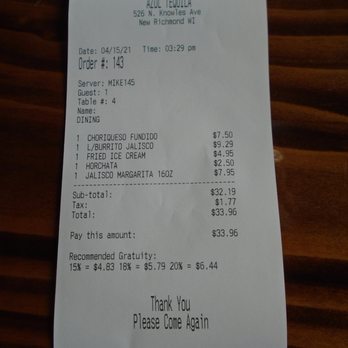 Azul Tequila - Final tab - lunch #1. - Mexican Near Me - New Richmond, Wisconsin