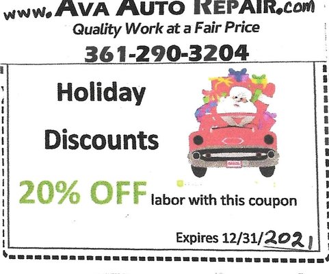 Holiday Discount! - We will never try to sell you something you don't need, in fact, if you ask us to do a repair we will confirm that you actually need that specific repair before we do any repair on your vehicle. We will do everything possible to save you money on your car repairs so that you have more money to provide for your family. Our labor rates($88.00) are the lowest rates in the area(compare our rates with other repair shops). Holiday Discount! - We will never try to sell you something you don't need, in fact, if you ask us to do a repair we will confirm that you actually need that specific repair before we do any repair on your vehicle. We will do everything possible to save you money on your car repairs so that you have more money to provide for your family. Our labor rates($88.00) are the lowest rates in the area(compare our rates with other repair shops).