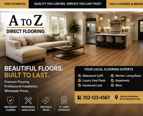Premium Waterproof LVP Flooring - Premium flooring at wholesale prices. We offer waterproof LVP, luxury vinyl plank, hardwood, carpet, laminate and tile with professional installation. Quality flooring, expert workmanship and free estimates from A to Z Direct Flooring.