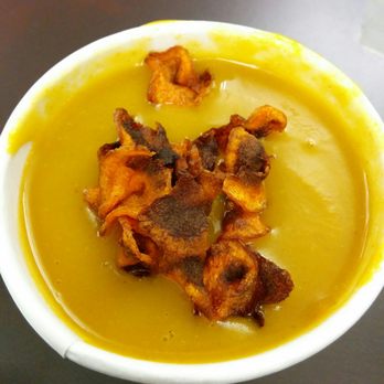 Clover Food Lab - Carrot soup with sweet potato chips - Breakfast & Brunch Near Me - Boston, Massachusetts