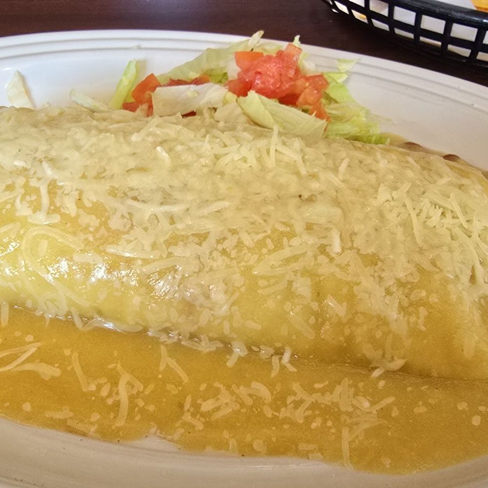 Mi Tierra - Vegetarian Chile Relleño burrito with whole (Vegetarian) beans added, smothered in Vegetarian hot green chile - Mexican Near Me - Cheyenne, Wyoming