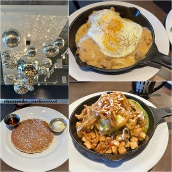 Hash Kitchen - Biscuits & Gravy (Eggs Over-easy), Carnitas Hash (Poached Eggs), Buttermilk Pancake (side) - Breakfast & Brunch Near Me - Pearland, Texas